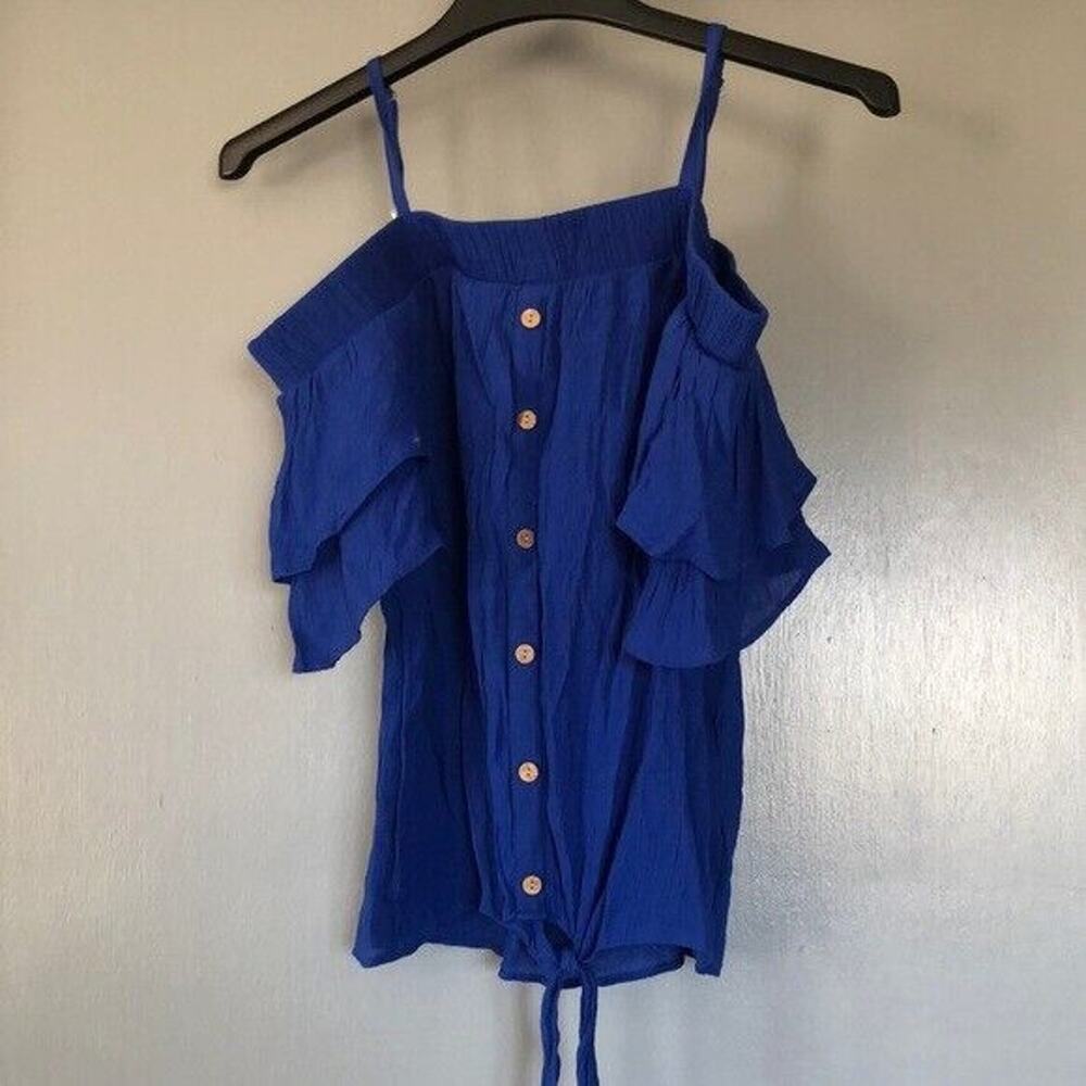 By&By Women Sz S Royal Blue Off-Shoulder Top Spaghetti Straps, tie front, button